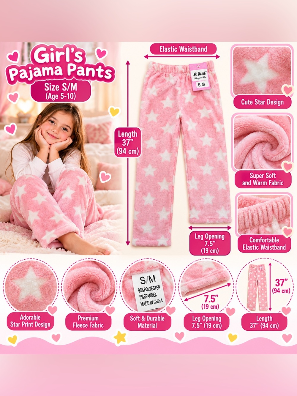 Kids Fleece Pink Pajama Pants S/M Soft Plush Warm Girls Sleepwear Lounge Pants